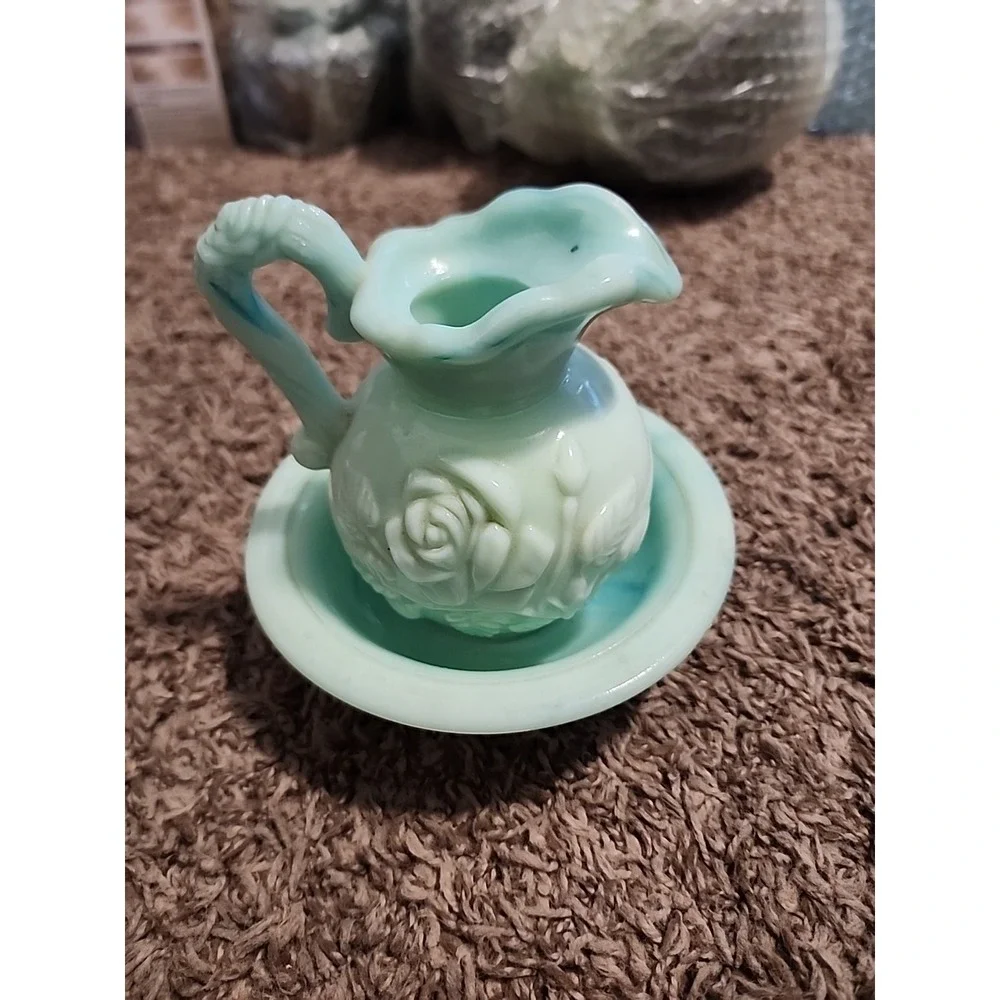 Vintage Avon Green Swirl Milk‎ Glass Rose Mini Bowl and Pitcher Set. No Topper.